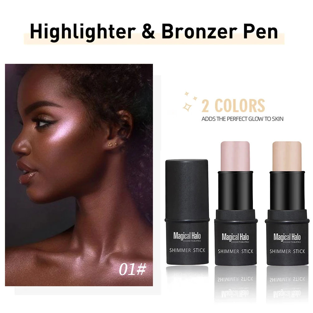 2color Highlight is used for cosmetics with a bright Highlander stick that outlines the face and bronze shimmer lighting as makeup tool 250219