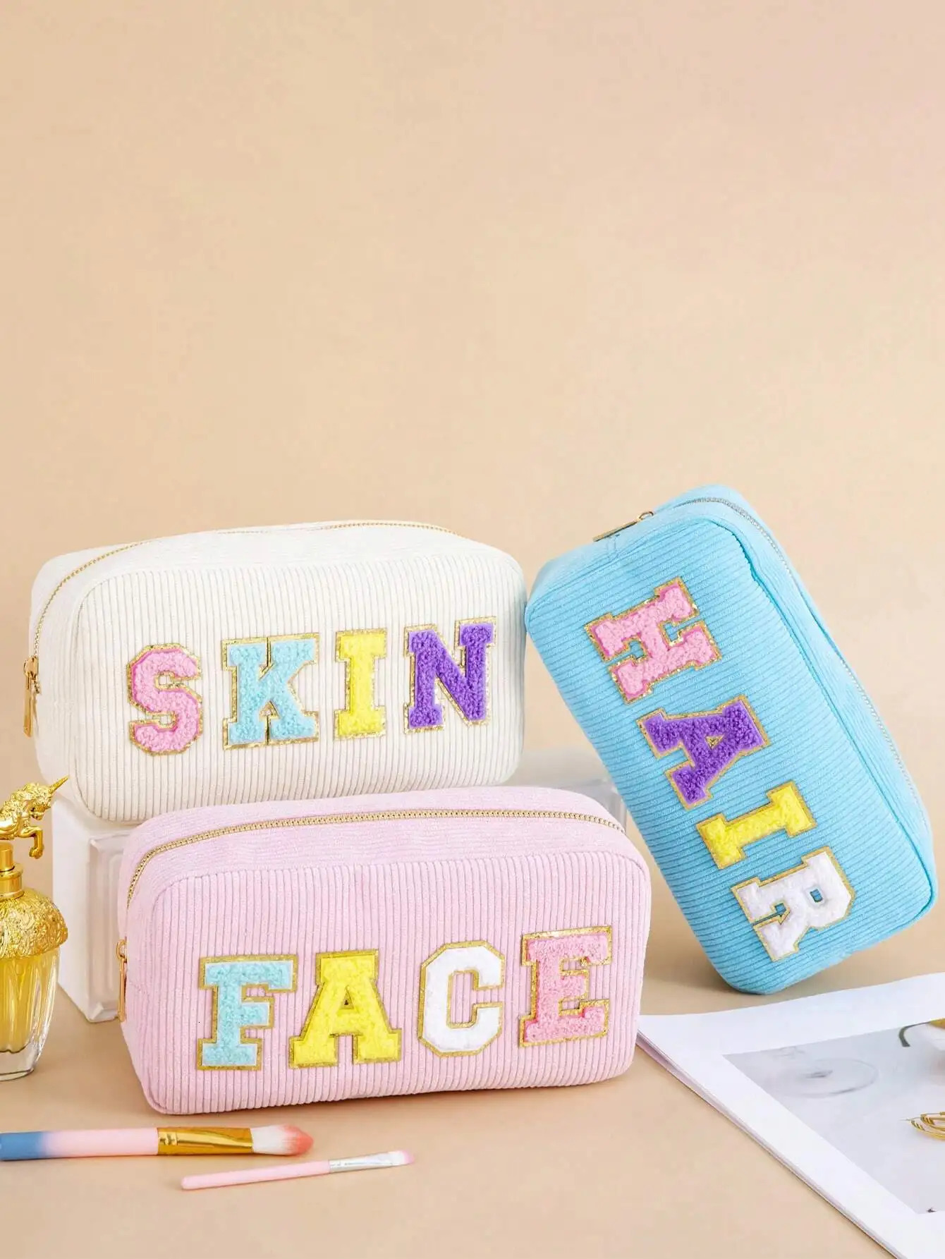 Ship from US 1Pc4Pcs Women Girls Preppy Travel Corduroy Chenille Letter Patches Skincare Face Hair Stuff Makeup Pouch Cosmetic Bags Z 250227FBB
