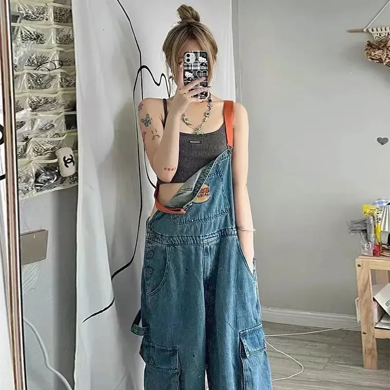 Cool girl style ed spicy ink denim shoulder strap jumpsuit womens autumnwinter loose fit retro onepiece pants 250227