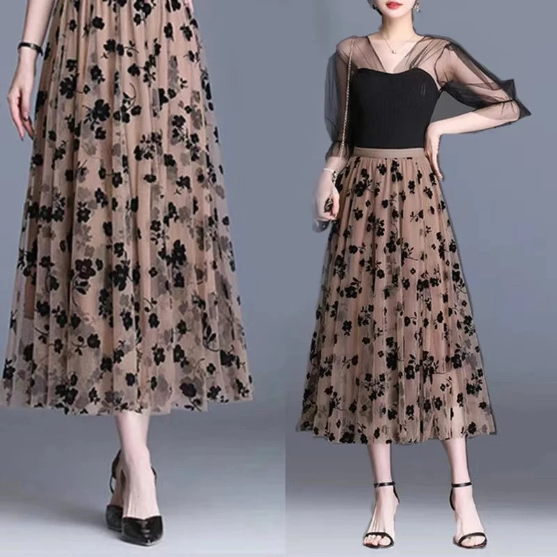 Korean Women Tulle Skirt Fashion Summer Hook Floral Loose Midi Skirt Elegant Female Casual All Match Mesh Skirts 250224