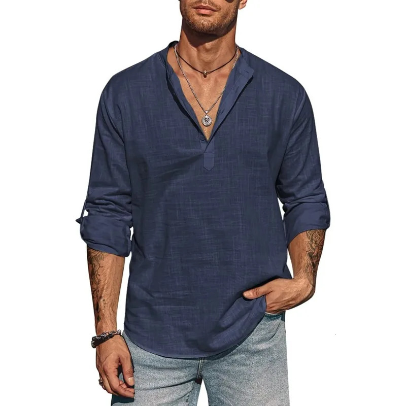 Mens Long Sleeve Cotton Shirt Linen Stand Collar T-shirts Lightweight Breathable Streetwear Half Button Hawaiian Large Shirt 250224