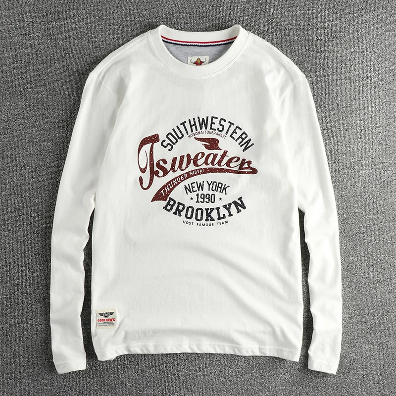 Autumn American Retro Trend Letter Pattern Long Sleeve Tshirt Mens Cotton Casual Bottom Shirt 250226