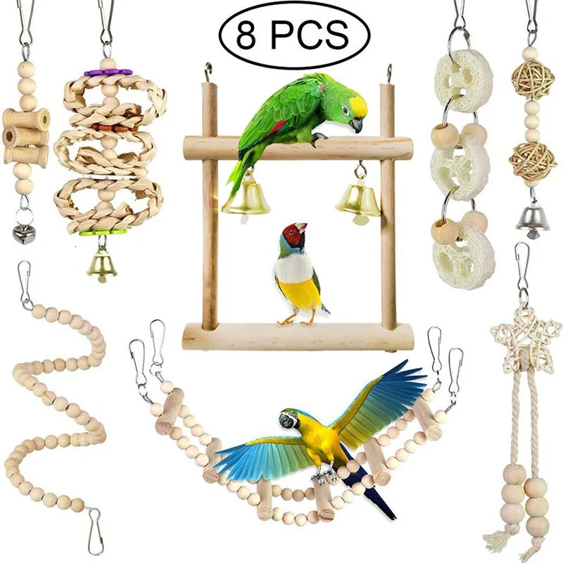 8PCS Set Combination Parrot Bird Toys Wood Articles Bite Pet Bird Toys For Parrot Training Bird Toy Swing Ball Bell Standing 250226