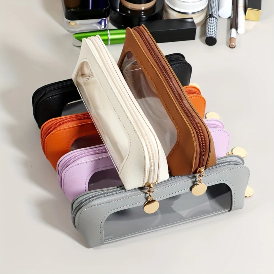 Ship from US Portable Makeup Pouch Cosmetic Pen Lipstick Bag Travel Brush Organizer Pursesized With Transparent Window Zipper Closure 250227FBB