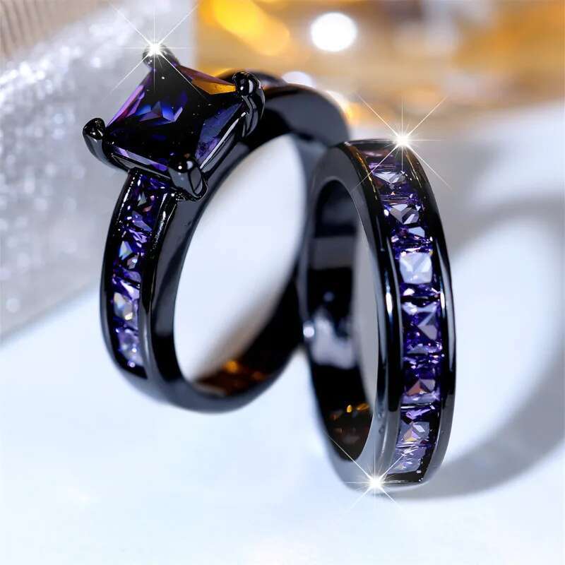 Princess Cut Lab Amethyst Ring Set 10KT Black Gold Engagement Wedding Band Rings for Women Men Promise Party Jewelry