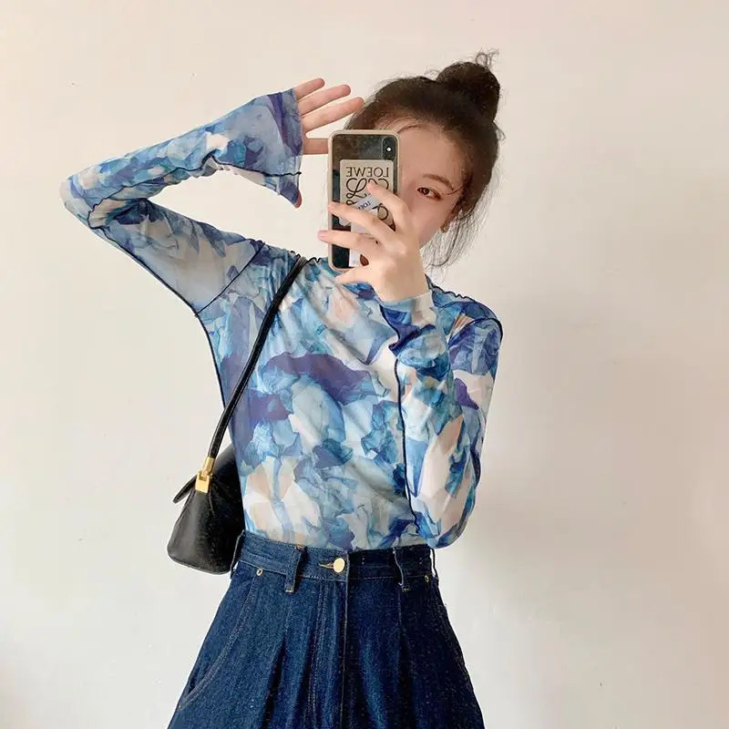 Womens Clothing Vintage Tie Dye Printed Tshirts Y2K Streetwear Sexy Mesh Slim Tees Female Casual O Neck Long Sleeve Basic Tops 250226