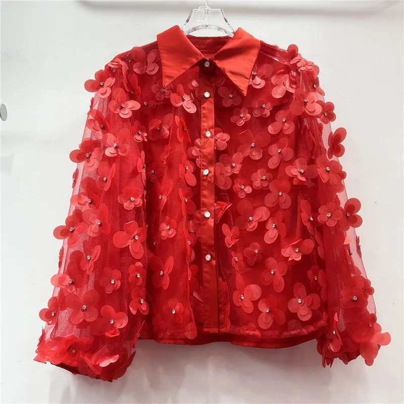 DEAT Women Shirt Loose Patchwork 3D Flowers Double Layer Perspective Mesh Single Breasted Blouse Spring 2025 Fashion 29L9414 250226