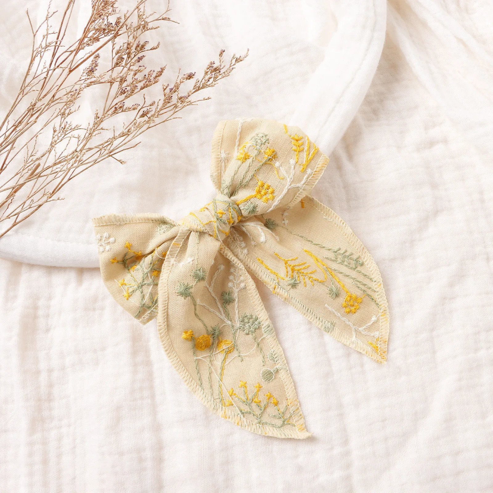 12Pcs/Lot 4Inch Floral Embroidered Baby Girls Hair Bow Hair Clips Handmade Fable Bow Headband Toddler Hair Accessory 250227