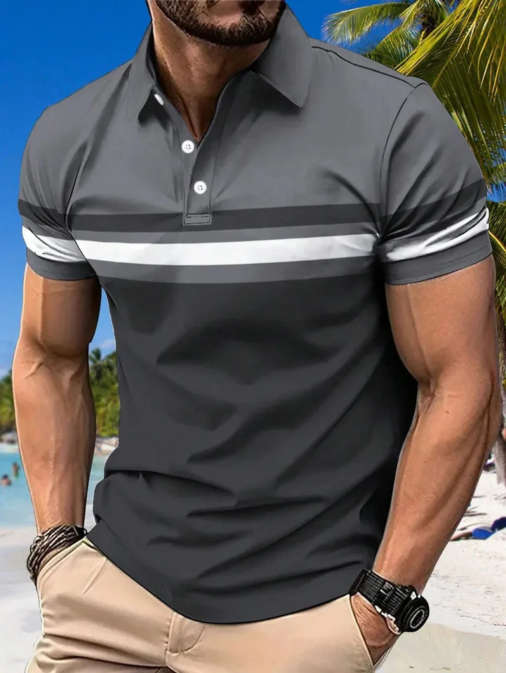 Summer Mens Polo Shirt Button Collar Short Sleeve Pullover Casual Sports Solid Color Striped Lapel Trend Mens T Shirt 250227