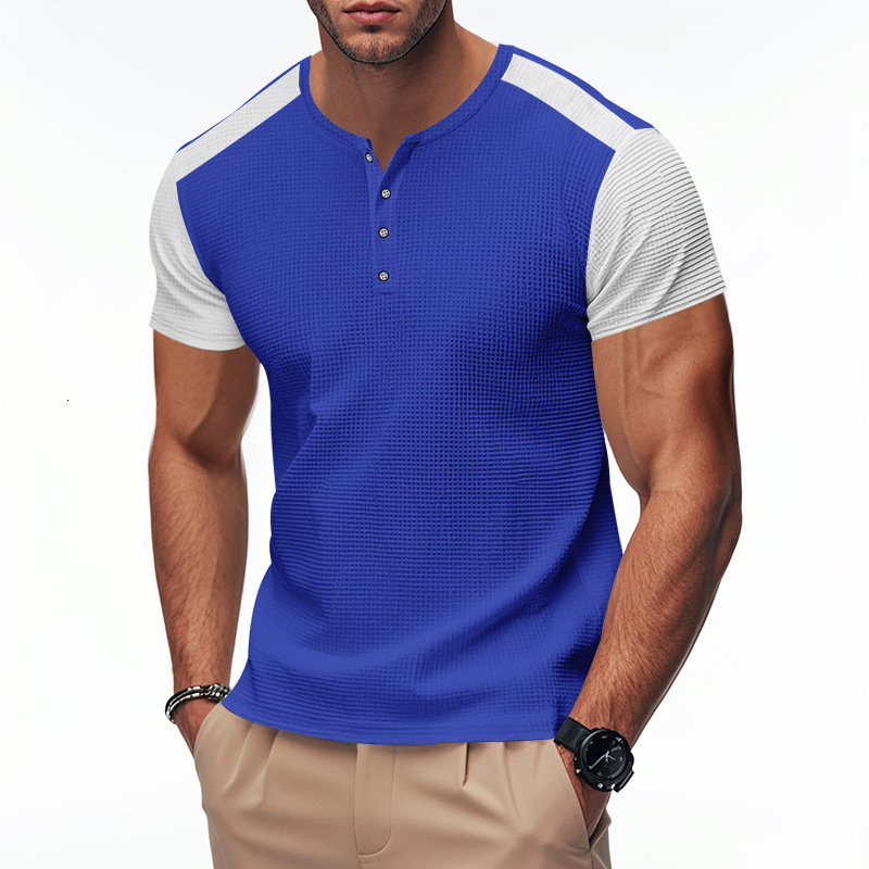 2025 Spring/summer New Large Men's Oversized Waffle Color Blocked T-shirt Henry Shirt