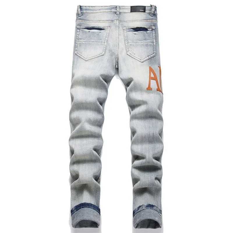 Mens Retro Leather Jeans Holes American Mens Elastic Slim Fashion Pants Versatile Mens Pants Do Old Worn-out Styles X250227