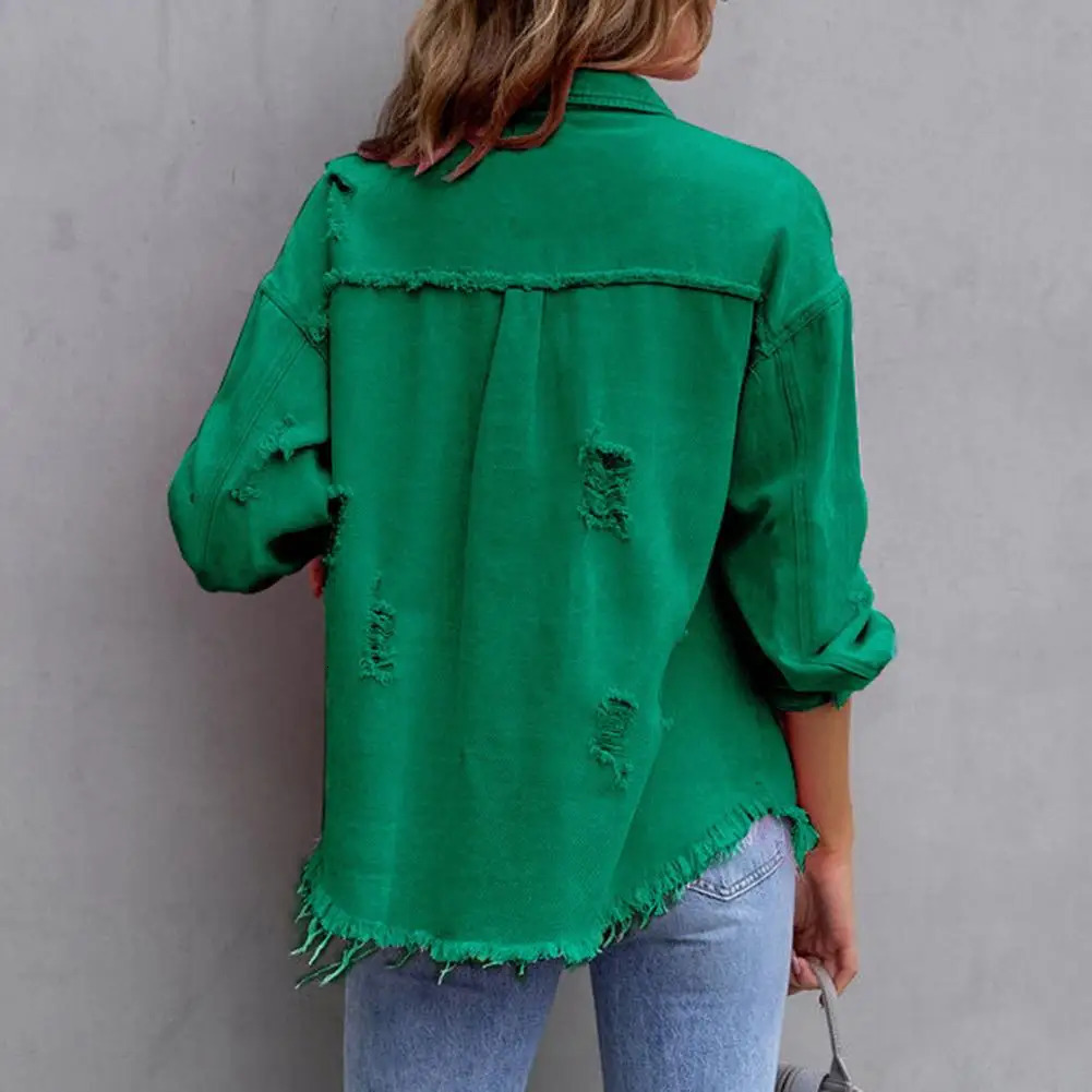 Womens Jacket Ripped Pocket Decor Solid Color Outerwear Singlebreasted Long Sleeve Hip Hop Coat Streetwear Female Clothing 250227