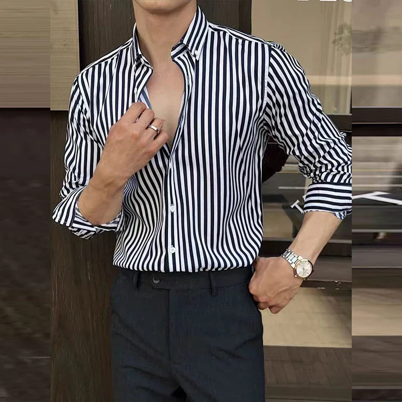 Elegant Mens Shirts Stripe Pattern Check Shirt High Quality Button Up Shirts a Fashion Long Sleeve Shirt Man Mens Clothing 250224