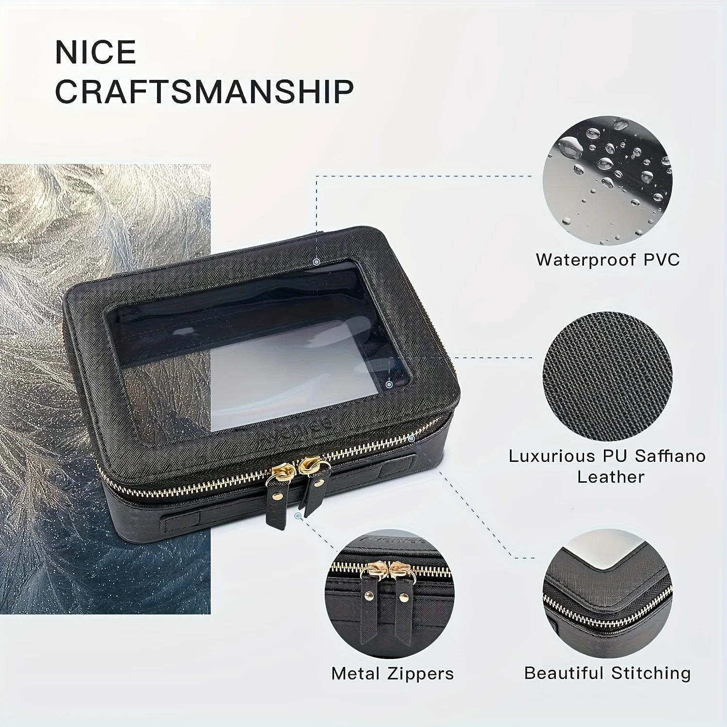 Ship from US UnisexAdult Waterproof PU Cosmetic Bag with Clear Window and Double Zippers Durable Saffiano Leather Travel Toiletry for W 250227FBB