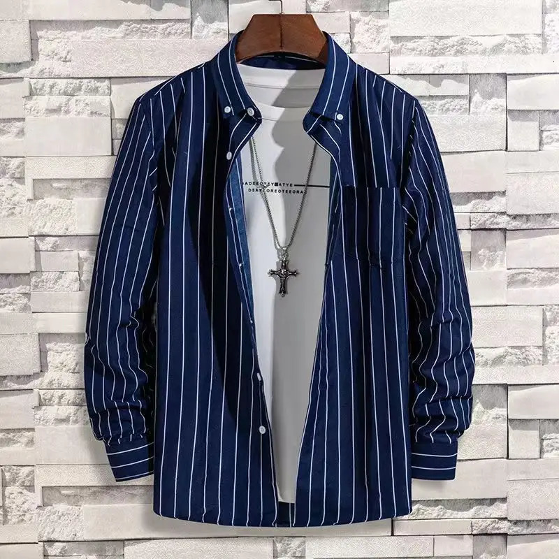 Mens Dress Shirts Striped Long Sleeve Plaid Checked Shirt Smart Casual Business NonIroning Korean Slim Fit Formal Blue White 250226