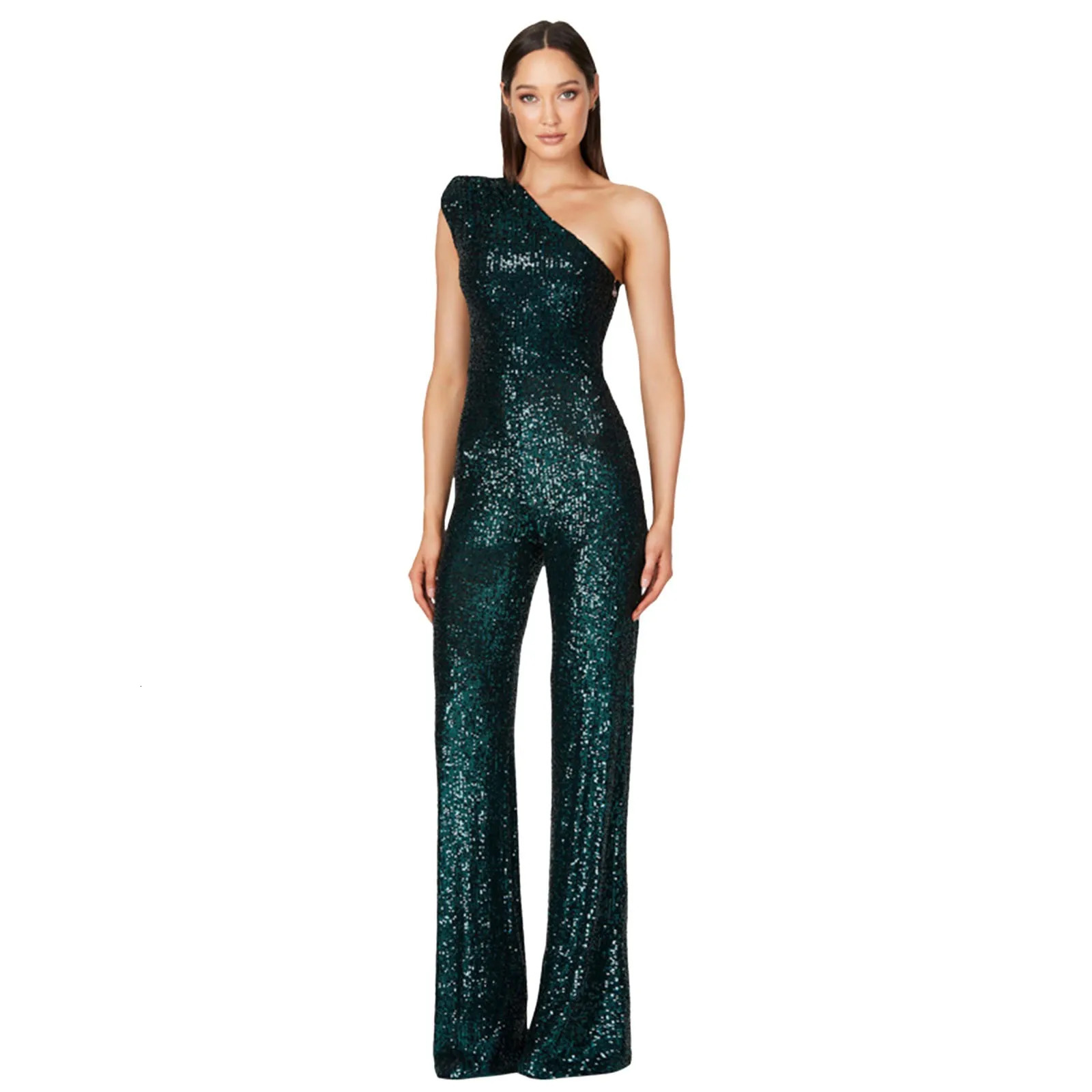 Womens One Shoulder Jumpsuits Elegant Sequins Glitter Party Overalls Sleeveless High Waist Straight Trousers Wedding Jumpsuit 250227