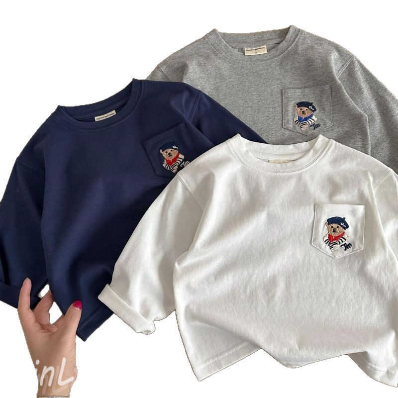T-shirts Childrens long sleeved t-shirt cartoon teddy bear boys new base shirt Korean version 1-6 baby round neck top Spring new productY250227MXBG