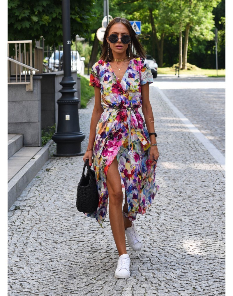 womens summer V-neck printed lace up dress Summer Y2K dress 240822