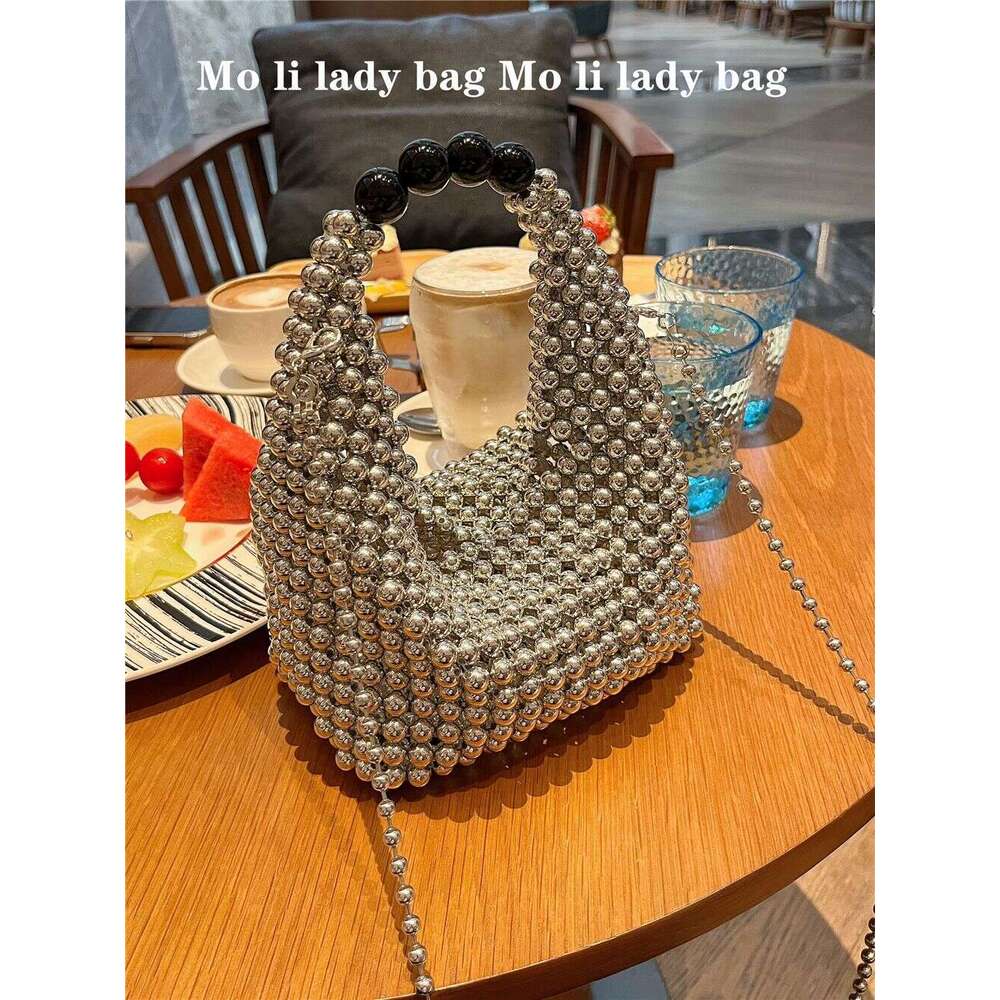 Women's Bags fashionable and high-end silver sparkling bead hand woven Boston handbag diagonal cross bag