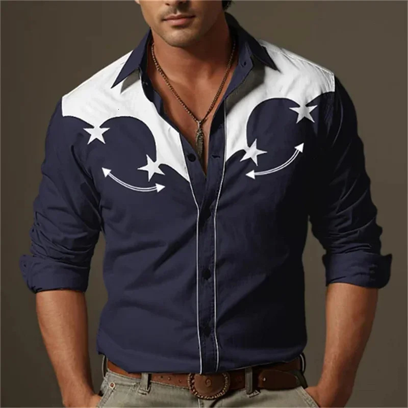 Mens Western Shirt Vintage Pattern Lapel Long Sleeve Button Print Top Fashion Streetwear Western Style 250224
