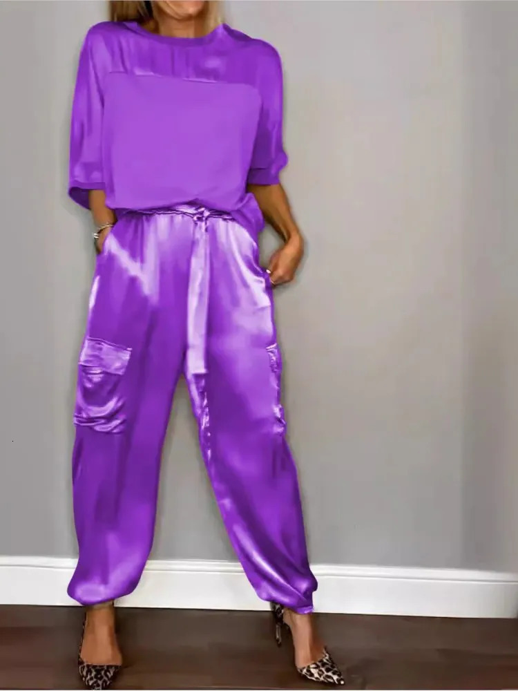 For Women Spring Summer Fashion Solid Color Satin Two Piece Set O Neck Long Sleeve Top Long Pants Casual Loose Two Piece Set 250320