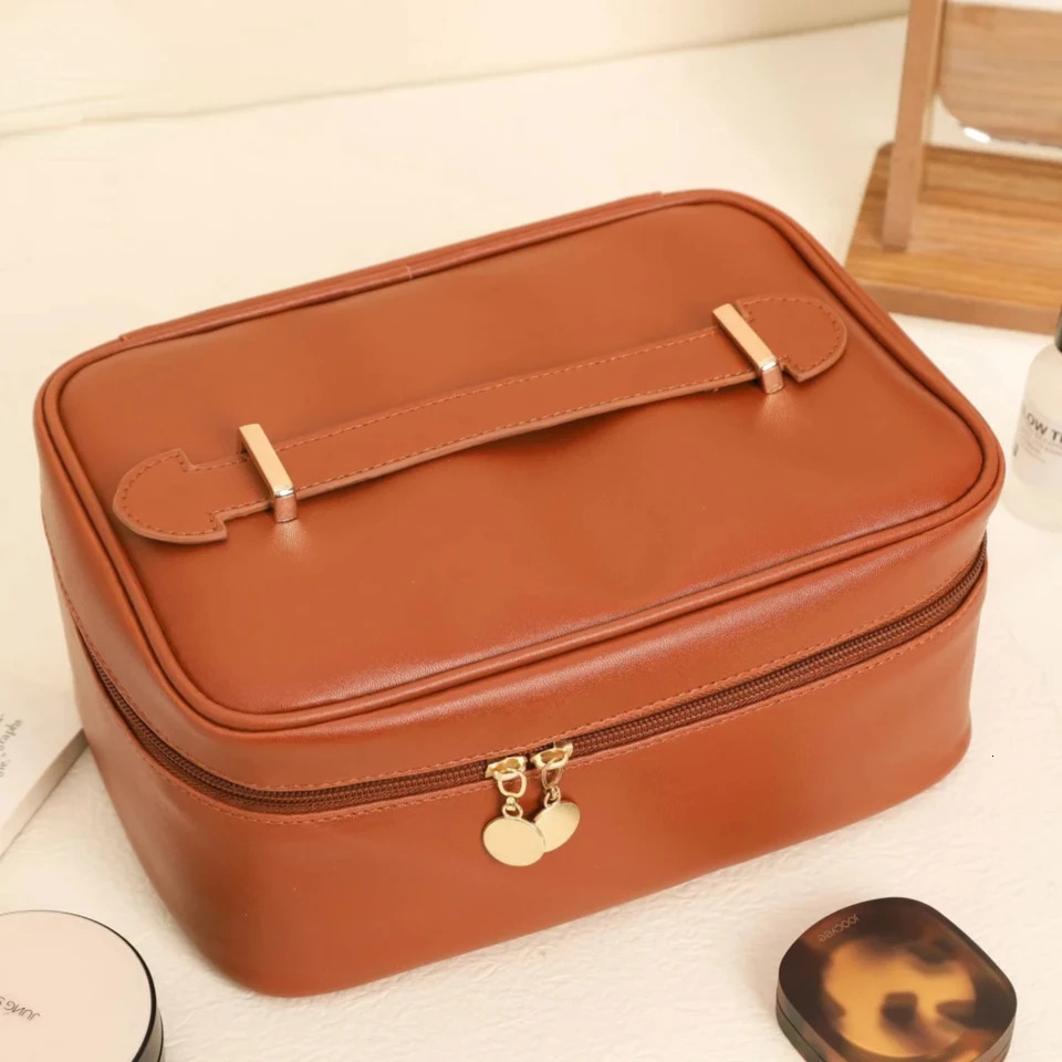 Ship from US Large Capacity Simple Square PU Leather Makeup Organizer Portable Womens Bathroom Bag 250227FBB
