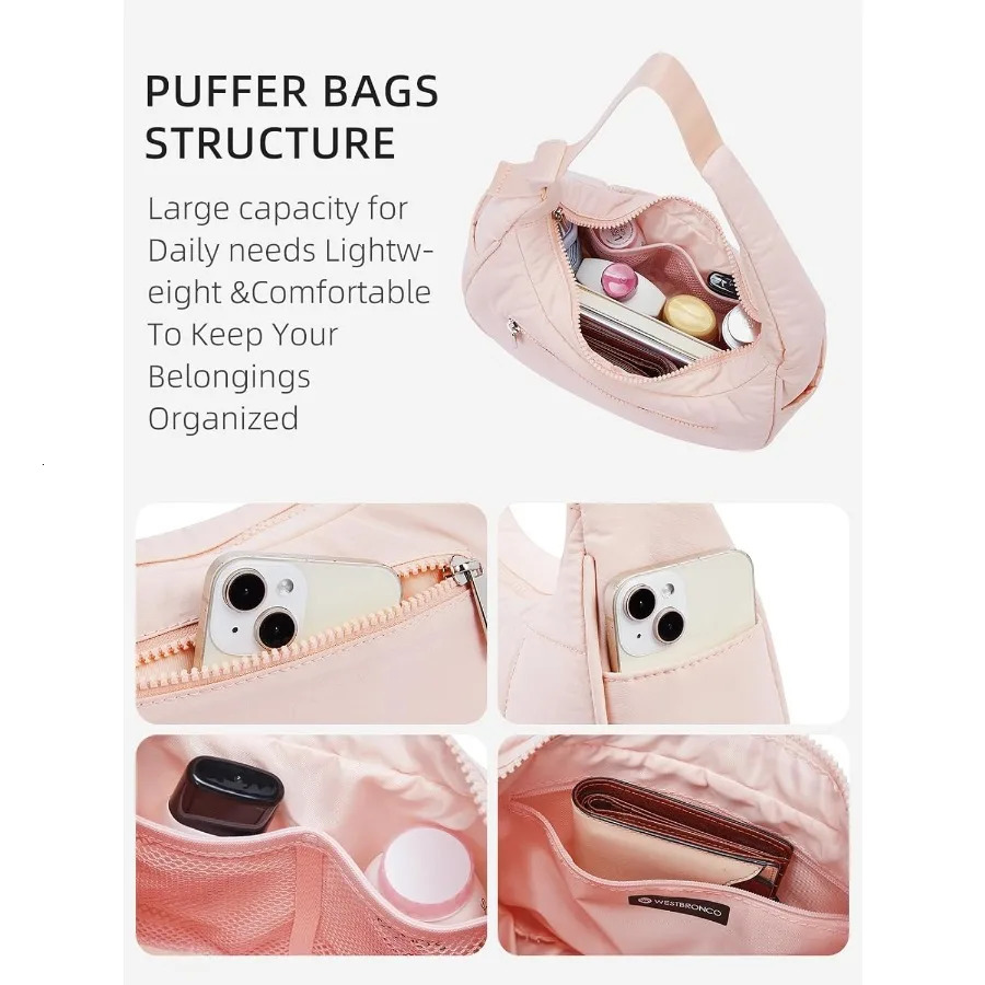 Ship from US WESTBRONCO Small Puffer Crescent Shoulder Bag Women Nylon Quilted Purses Handbags Adjustable Strap 250227FBB