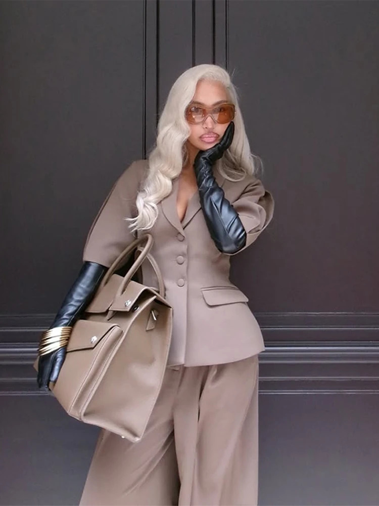 Fashion Short Puff Sleeve Blazer Long Pants Sets Women Spring Single Breasted Suit Jacket Wide Leg Trousers 2 Pieces Outfits 250226