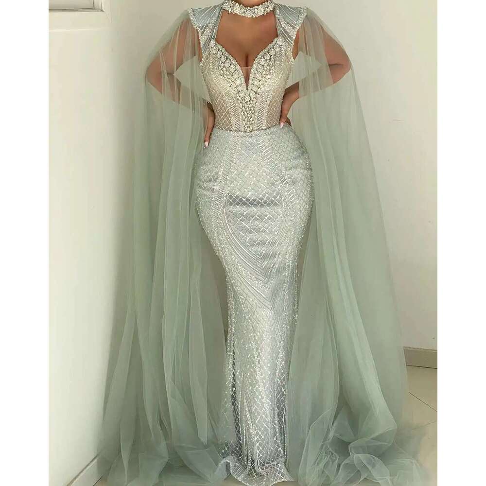 Mermaid Wedding Dresses with Sequins and Crystal Beads, Hollow Tulle Cape, Sweep Bridal Train, Custom Made Design, The