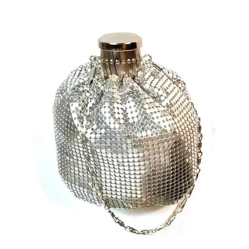 New Arrival Aluminum Bundy Bucket Bag Hip Flask shaped Sequin Mini Shoulder Hip Flask Bag girl Style Change Diagonal FairyBag T250227