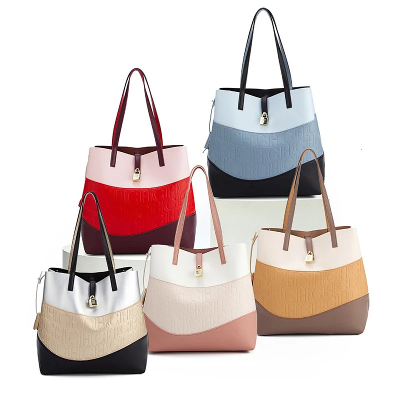 Ship from US CH Versatile Trend Tote Bag Leather Solid Color Splicing Large Capacity Crossbody Simple Fresh Style Commuting Shoulder 250227FBB