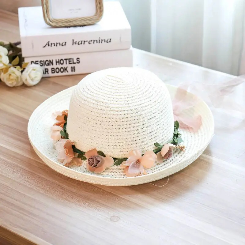 MAERSHEI Summer Straw Hat Handmade Flower Womens Garland Sunbonnet Bucket Hat Roll-up Hem Beach Cap Sun Hat For Girls 250218
