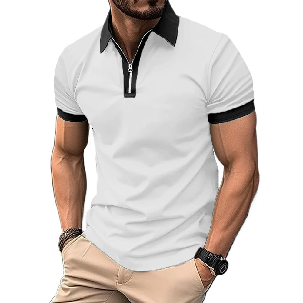 Summer mens spliced colorful polo shirt short sleeved zipper lapel breathable streetwear jogging top 250226