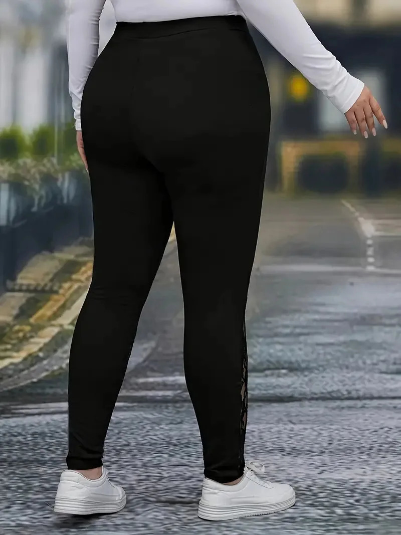 GIBSIE Plus Size Womens Fashion Contrast Lace Black Leggings Spring Fall High Waist Elastic Casual Skinny Leggings Female 250226