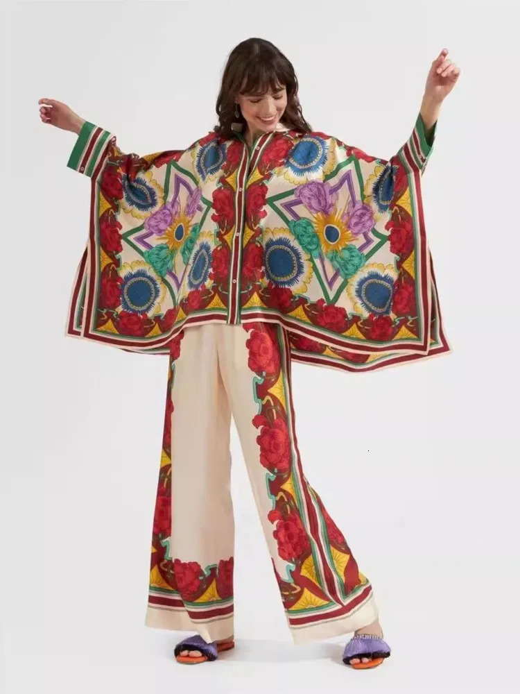 Vintage Print Pants Sets Women Irregular Loose Long Sleeve Shirt Wide Leg Trousers Two Piece Set Female Fashion Trend Streetwear 250226