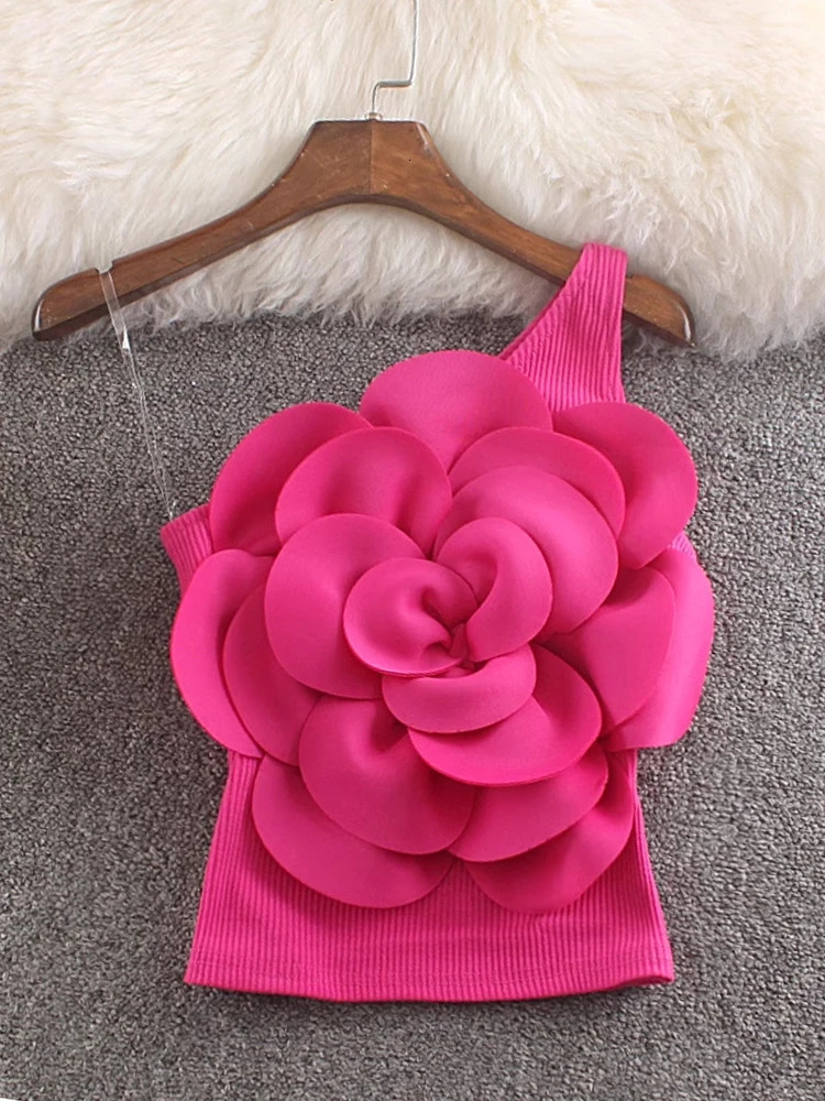 XFPV Womens Sweet 3D Flower Oblique Collar One Shoulder Camisole Slim Open Back Top Y2k Korean Fashion Summer 2025 SM11024 250226