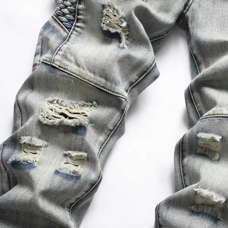 New Mens Nostalgic Ripped Jeans Embroidered Straight-leg Slim Fit Male Casual Colorblock Denim Trousers Mens Pants X250227
