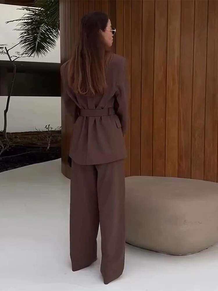 Elegant Office Women's Pant Sets Casual Turn-Down Collar Lace Up Pocket Coat High Waist Long Trousers Spring Lady Suit Commuting