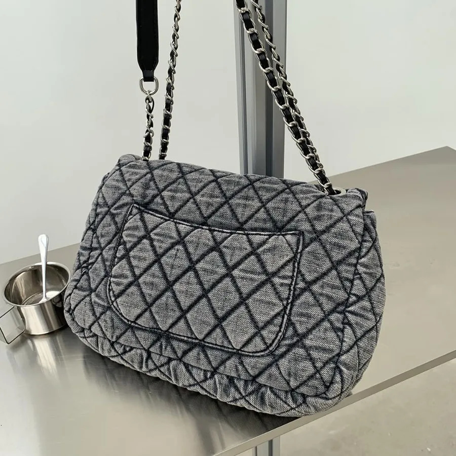 Ship from US Womens Grey Casual Diamond Checker Denim Retro Fashion One Shoulder Handbag 250227FBB