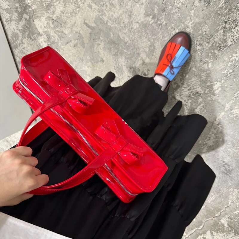 Moto & Biker Y2k Bags For Women Designer Handbags And Purses 2023 New In Fashion Bright Leather PU Bow Square Top Handle