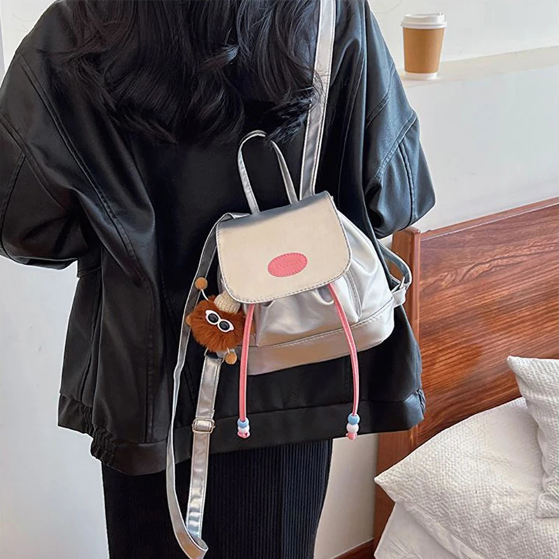Ship from US High end silver contrasting backpack small womens soft leather Ins base minimalist casual decoration 250227FBB