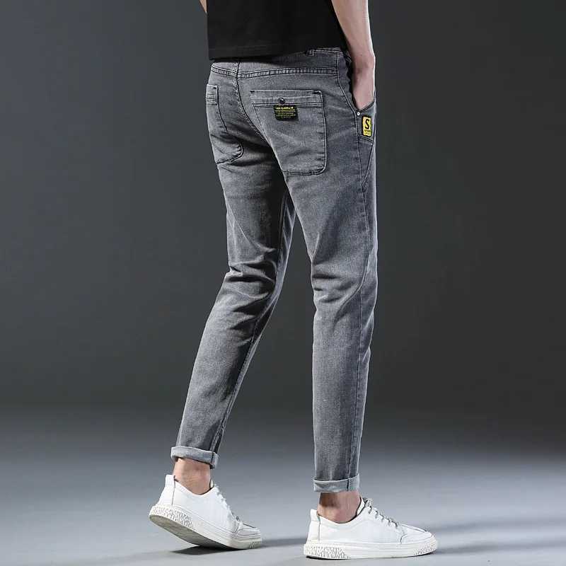Fashion Men Stretch Straight Slim Grey Denim Jeans Male Streetwear Chic Elastic Pants Long Thin High Street Small Feet Trousers X250227