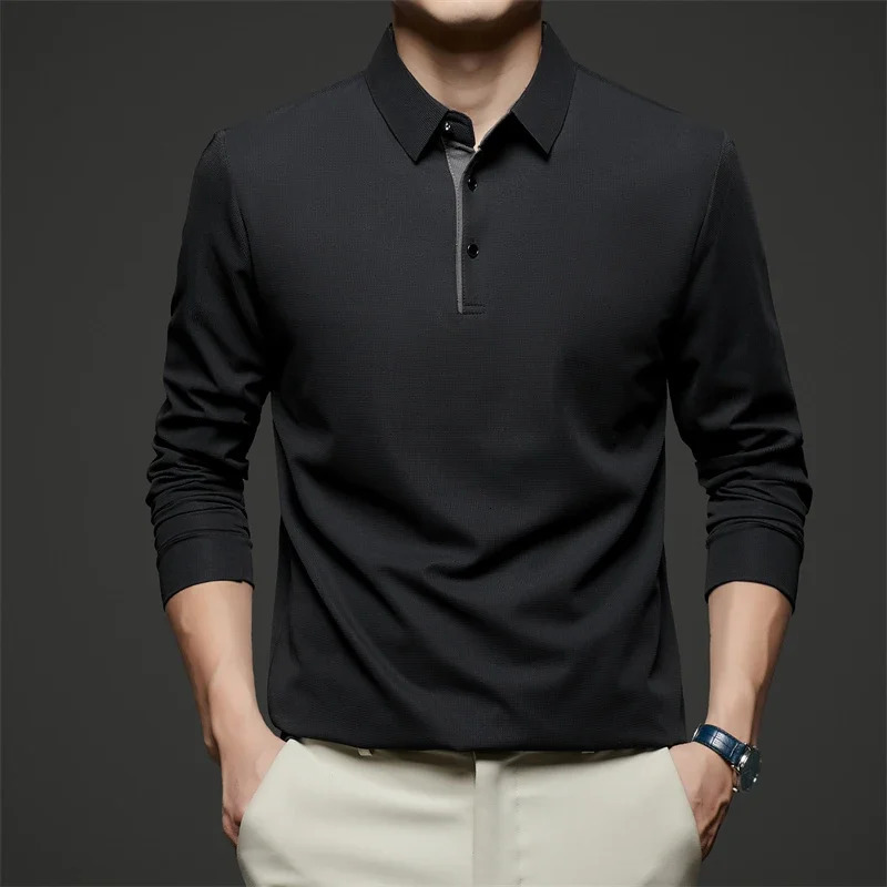 Mens Business Casual Long Sleeve Solid Color Polo Shirt Fashionable Warm Comfortable Four Seasons Versatile Top 250227