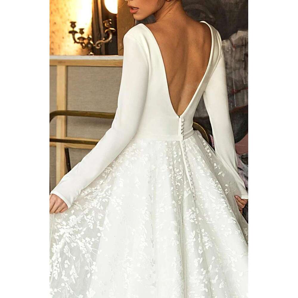 Elegant Lace Appliques Wedding Dresses A E Sexy V Neck Long Sleeves Satin Backless Bridal Gowns Vestidos De Novia Customized