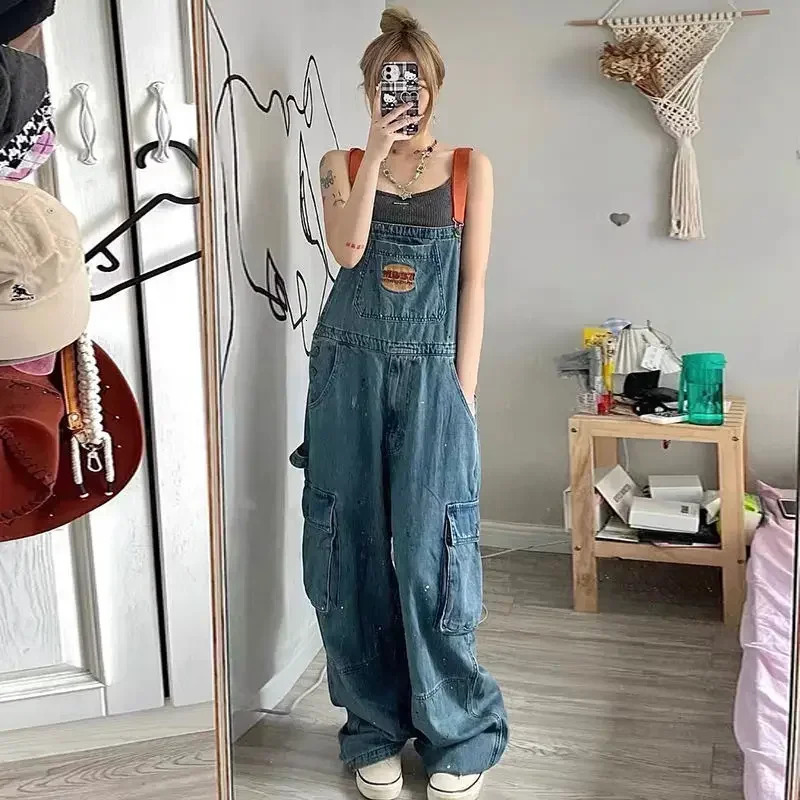 Cool girl style ed spicy ink denim shoulder strap jumpsuit womens autumnwinter loose fit retro onepiece pants 250227