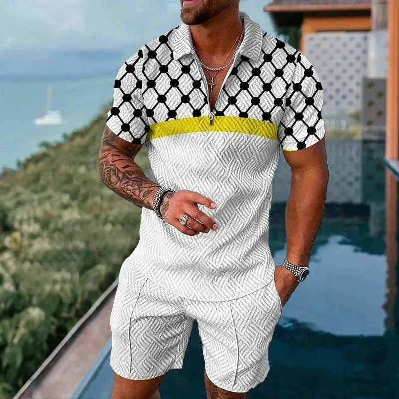Summer Mens Suit Trend 3D Printing Zipper Polo Shirt Shorts Two Piece Set Soft Fashion Casual Men Clothing Tracksuit Set 250224