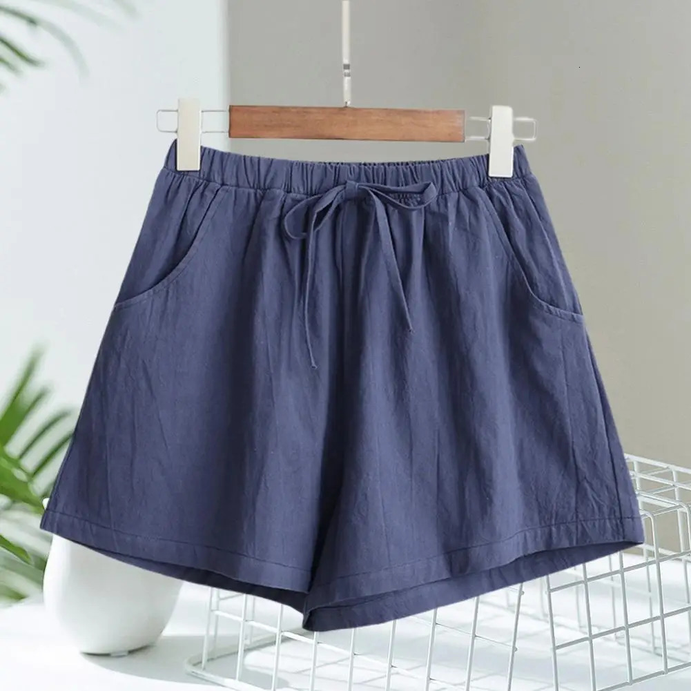 Short Pants with Drawstring High Waist Solid Color Double Pockets Thin Linen Wide Leg Women Casual Shorts Outdoor Streetwear 250227