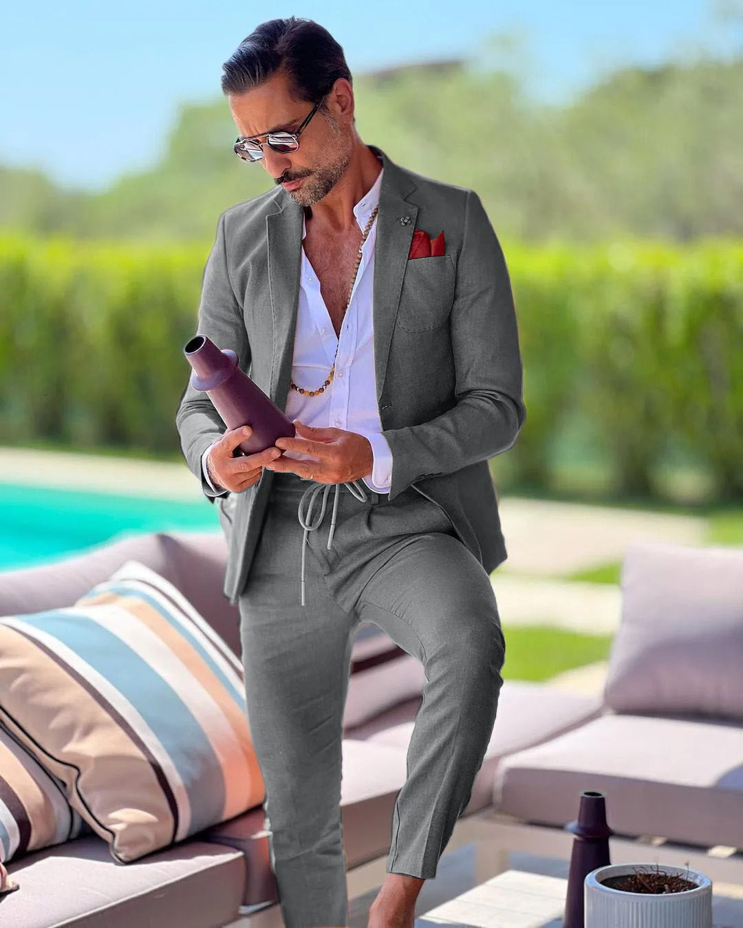 Linen single corset mens two-piece summer jacket long pants suitable for casual business weddings grooms tailcoat formal work clothes 250224