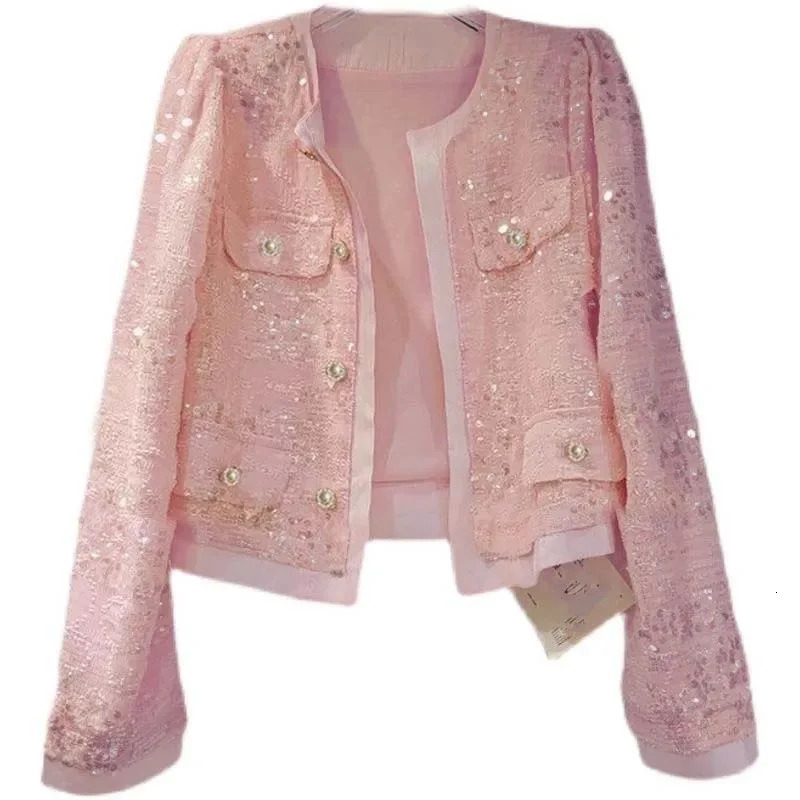 Womens Korean Outerwear Cardigan Splicing Sequin Jacket Spring Female Long Sleeved Stylish Socialite Versatile Slim 250227