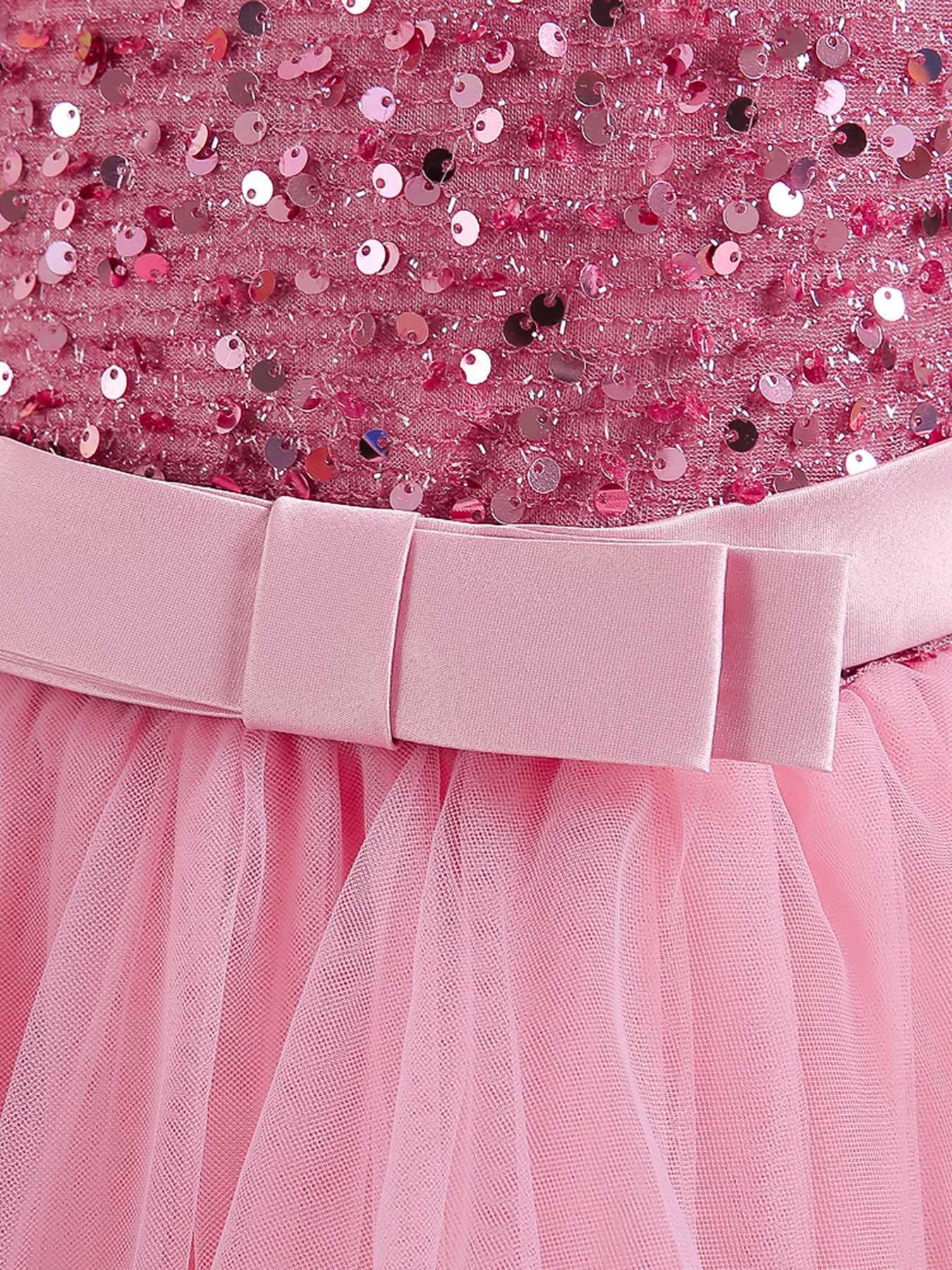 Girl's Dresses Pink KId Sequin Sleeveless Ball Dress Girl fluffy Princess Dress Birthday Party Evening Ceremony Stage Performance Dress Y250227GK